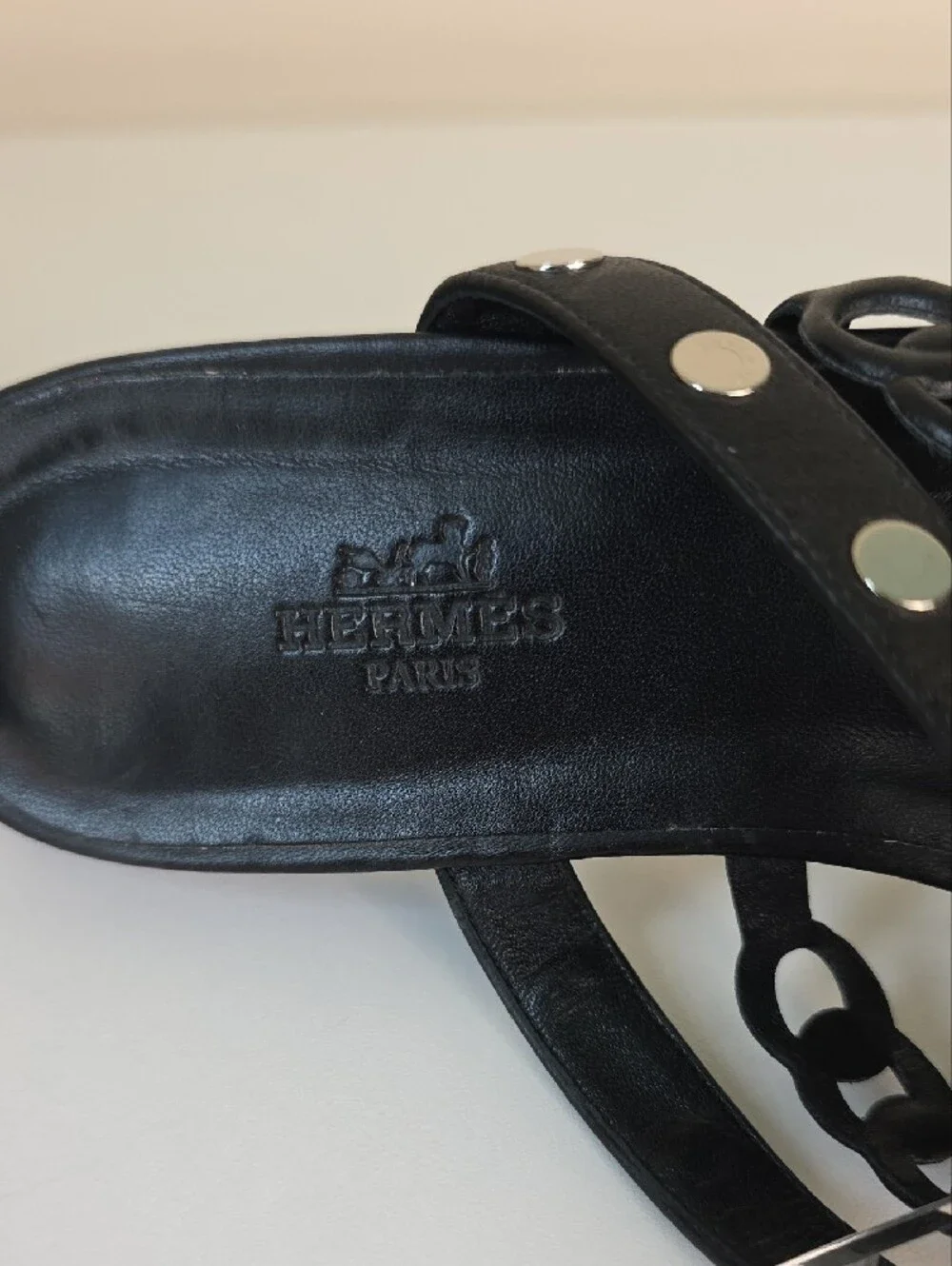 Hermes Black Studded Chain-Strap Slide Sandals.  Size 38.  US Size 7 1/2